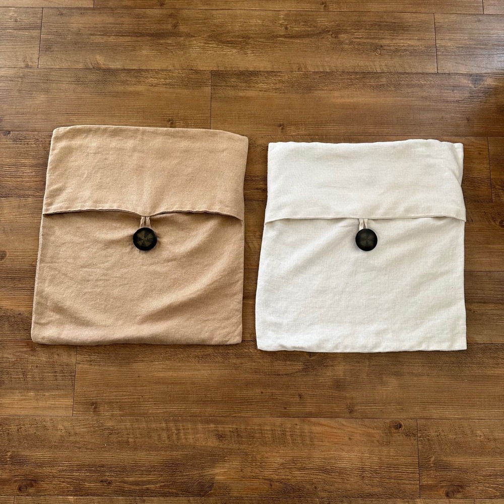 Pottery Barn 2 100% Linen Pillow Covers 18x18 Button Square Ivory Tan Sham Throw